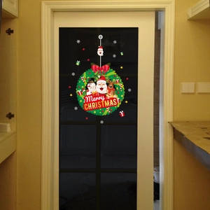 Christmas glass door sticker featuring a Santa and Snowman wreath with Merry Christmas text