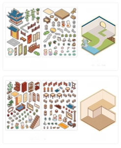 Detail view of DIY 3D miniature scenery stickers with traditional Chinese architecture