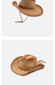 Detail view of woven brown gradient cowboy hat with adjustable windproof drawstring strap