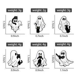 Size chart showing dimensions in inches and weight in grams for ghost and cat enamel pins