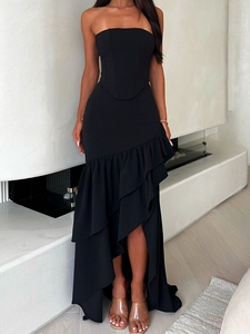 Women Sexy Off Shoulder Backless Dress Corset Bodycon Irregular Ruffle Hem Evening Party Gown Polyester Spandex