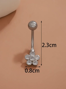Detail showing flower belly ring dimensions with white zircon inlay on 2.3cm curved bar