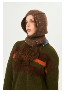 Detail of brown flecked knit balaclava hood showing textured wool and stitching