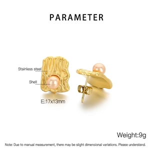 Detailed view of square irregular textured golden earrings with shell pearl inlay