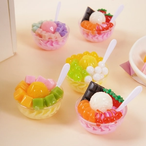 Five assorted miniature resin dessert bowls with ice cream and fruit for dollhouse decor