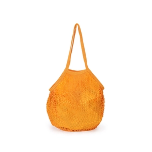 Close-up of orange cotton woven mesh shopping bag with flexible elastic netting structure