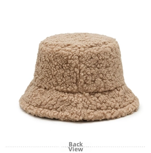 Detail view of the camel lamb wool bucket hat showing thick texture and warm material