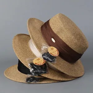 Chapeau Canotier Paille De Papier Et Polyester Large Bord Protection Solaire Style Vintage Français Garniture Ruban Femme