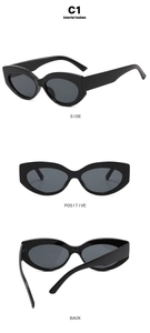 Three-view layout of retro cat-eye sunglasses in black with wide temples and smoky lenses