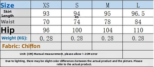 Detailed size chart for sheer pleated dress showing waist and hip measurements in centimeters