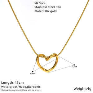 18K gold plated heart pendant necklace in 304 stainless steel with 45cm chain
