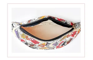 Top view of spacious interior lining and colorful cartoon sneaker print on a canvas waist bag