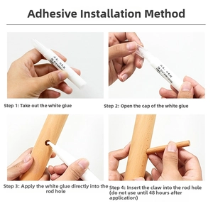 Installation guide for beech wood mug tree showing glue application and rod assembly steps