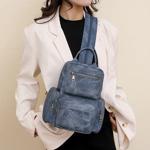 Detail showing blue retro PU leather crossbody bag with bronze zippers and multiple pockets