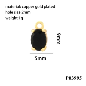 18K gold plated copper oval pendant with black zircon stone for DIY jewelry making