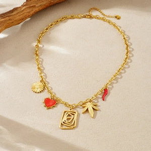 Retro vergoldete Gliederkette mit geometrischen Blättern und Herz-Emaille-Anhängern