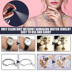 Before and after cleaning effects of jewelry spray on watch, ring and necklace.