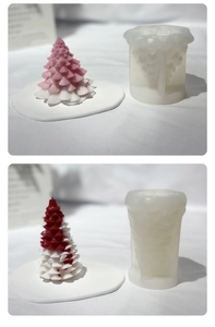 Detail view of silicone Christmas tree molds and finished handmade candles in various colors