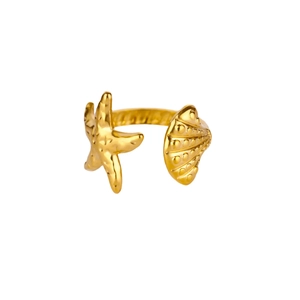 Gold stainless steel open ring with starfish and seashell charms on white background