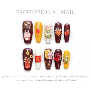 Dragon Year handmade press-on nails set with festive 3D charms and Chinese zodiac motifs