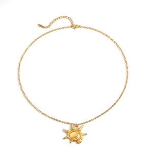 18K gold plated stainless steel sunburst pendant necklace with central gemstone on white