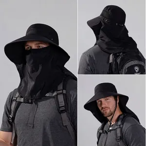 Men's outdoor black sun hat with large brim, removable face cover and neck protector flap