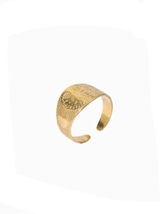 Detail of vintage 18k gold plated wide open ring with textured relief pattern