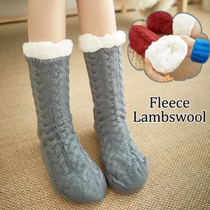 Winter Warm Fleece Lined House Socks Cable Knit Thermal Slipper Socks With Non-slip Grippers For Women Indoor Cozy Floor Socks