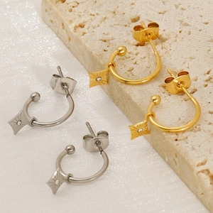 Minimalist C Shape Hoop Earrings Stainless Steel 18K Gold Plated Starburst Rhombus Pendant Rhinestone Trendy Jewelry For Women