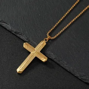 Vintage Cross Pendant Necklace Stainless Steel Striped Texture Retro Jewelry For Men Women Gold Black Silver