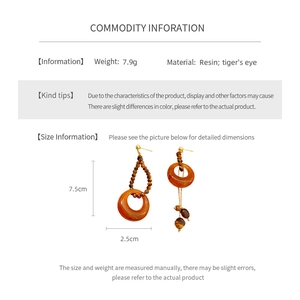 Detailed size specifications for resin and tiger eye earrings with product dimensions
