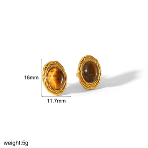 Boucles d'oreilles ovales rétro en acier titane plaqué or 18k avec œil de tigre
