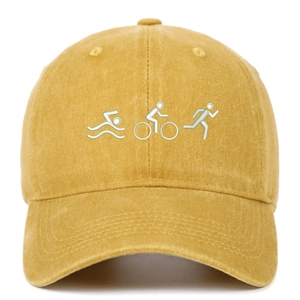 Detail of triathlon sports embroidery on yellow washed cotton baseball cap