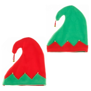 Festive red and green velvet Christmas elf hats with gold bells for holiday parties