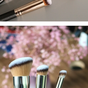 Macro detail of professional foundation and concealer brushes with soft synthetic bristles
