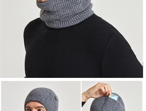 Winter men's grey knit beanie and neck warmer set with hidden card pocket and buttons