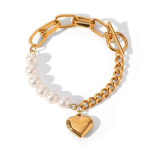 Elegant gold heart pendant pearl patchwork bracelet with OT buckle on white background