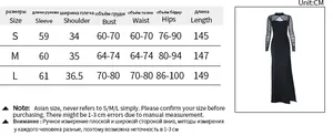 Detailed size chart for mesh high-slit dress with measurements in centimeters and inches