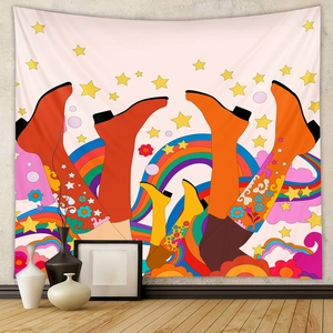 Detail view of retro pop art tapestry featuring colorful boots and psychedelic elements