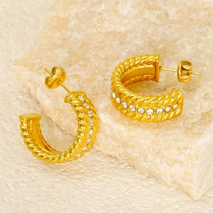 Elegant gold-plated stainless steel C-shape twisted earrings with sparkling zircons