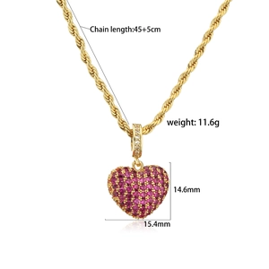 Gold-toned heart pendant necklace with red ruby stone inlay and detailed dimensions