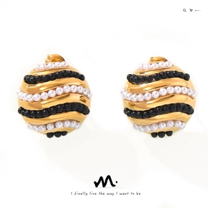 Orecchini A Lobo A Sfera Vintage Acciaio Al Titanio Con Imitazione Perla Artificial E Perline Nere Spirale Geometrica Per Donna