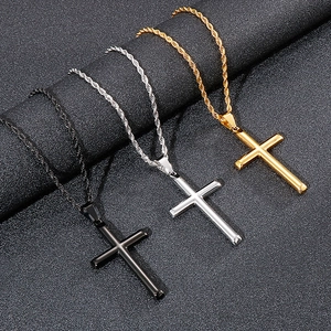 Collier Pendentif Croix Pour Homme Acier Inoxydable Poli Simple Barre Ronde Bijou Religieux Avec Chaîne Torsadée