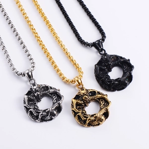 Vintage stainless steel dragon ring pendants in silver, gold, and black finishes