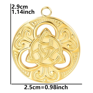 Detailed size specifications for the gold witch knot pendant showing dimensions clearly