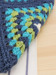 Large woven paper rope tote bag in navy, lake blue and green with handmade texture