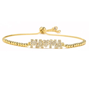 Adjustable golden MAMA bracelet with heart and cubic zirconia for Mother's Day