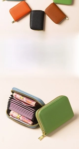 Macro detail of multi-slot RFID blocking leather card holder with accordion design