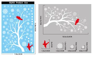 Detailed dimension layout of Christmas window stickers featuring birds and snowflakes