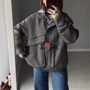 Women's chic herringbone texture cropped jacket with front zipper and loose fit style